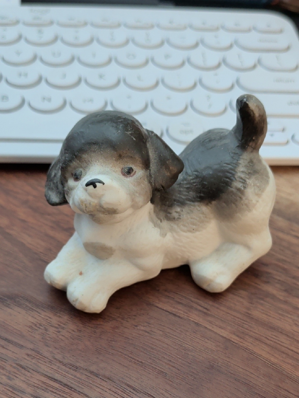 Hand-Painted Ceramic Puppy Figurine in White and Gray